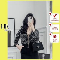 Áo sơ mi nữ lụa dài tay cao cấp công sở họa tiết dây xích chữ gu chì nền nâu đen, áo sơ mi họa tiết thiết kế HK Official