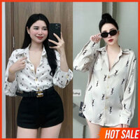 Áo Sơ Mi Nữ Lụa Latin, Áo Sơ Mi Tay Dài Nữ Cúc Đồng Hoạ Tiết Chữ Form Dài Giấu Quần Siêu Xinh Chảnh