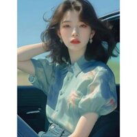 Áo sơ mi nữ màu xanh lá cây in hình bong bóng kiểu Pháp mới mùa hè