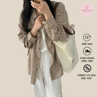 Áo sơ mi nữ MIMISAMS dài tay có túi ngực chất kẻ caro thô Vintage , đi học , chơi , làm đều đẹp