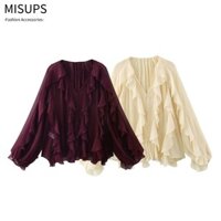 Áo sơ mi nữ MISUPS, Áo sơ mi dài tay có ren, Áo sơ mi nữ công sở cổ chữ V dáng rộng