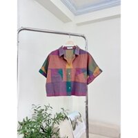 Áo sơ mi nữ ngắn tay cổ vest thiết kế sọc caro dáng croptop chất vải cao cấp có túi ngực