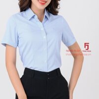 Áo sơ mi nữ ngắn tay Thái Hòa, màu xanh, thời trang công sở Cotton sọc thẳng, trẻ trung N640-14-01  ྇ '