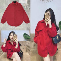 Áo sơ mi nữ nhung tăm màu đỏ nắp túi hộp from rộng tay bồng phong cách hàn quốc