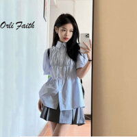 Áo Sơ Mi Nữ OrliFaith 2024 Thời Trang Mới Cổ Polo Slim Fit Màu Xanh Áo Sơ Mi Tay Ngắn