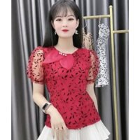 Áo Sơ Mi Nữ Pha Ren Hàn, Tay Ngắn Công Sở Trẻ Trung - 4 Màu: Đỏ, Be, Trắng, Đen. A13 ren