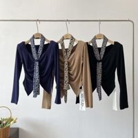 Áo sơ mi nữ phong cách Hàn Quốc thanh lịch, thiết kế xếp nếp, in họa tiết báo, dây ruy băng, ôm sát, đa năng, sang trọng, phù hợp cho phụ nữ