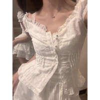 Áo Sơ Mi Nữ Ren Trắng Cánh Tay Cánh Tiên Phối Cúc Bọc Vibe Hàn Quốc Nhẹ Nhàng Ngọt Ngào Đáng Yêu ĐL