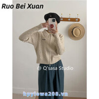 Áo sơ mi nữ Ruo Bei Xuân phiên bản Hàn Quốc của ve áo thun dệt kim dây kéo đôi