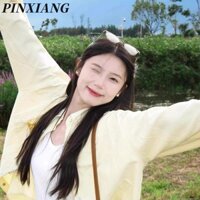 Áo Sơ Mi Nữ Sọc Mới Con Chó Con Thêu Áo Sơ Mi Màu Vàng Rời Chống Nắng Dopamine Top