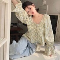 Áo Sơ Mi Nữ Tay Bong Bóng Mùa Hè Phong Cách Pháp Retro Cổ Chữ V Hoa Xếp Ly Áo Sơ Mi Dài Tay
