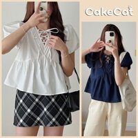 Áo Sơ Mi Nữ Tay Bồng Cổ Xẻ Chất Liệu Cotton Thô, Form Rộng Dễ Phối Đồ Dáng Xòe Nhẹ Cakecat