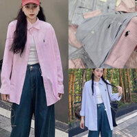 Áo sơ mi nữ tay dài form rộng thêu hưu, Áo sơ mi kẻ sọc unisex phong cách Hàn Quốc