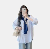 Áo Sơ Mi Nữ Tay Dài Kèm Khăn Choàng Kẻ Sọc Nhí Choice FA1-0637-10 Form Rộng Phồng Freesize