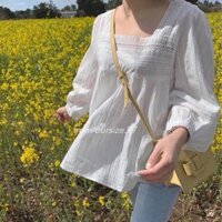 Áo sơ mi nữ tay dài OURSIZE áo babydoll trắng form rộng Ulzzang Hàn Quốc cổ vuông