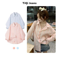 Áo sơ mi nữ tay dài TiQi Jeans sọc xanh hồng form rộng A80