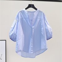 Áo Sơ Mi Nữ Tay Lỡ Cổ Tàu Tròn Phom Rộng, Áo Sơ Mi Kiểu Dễ Phối Đồ Đi Chơi, Đi Học Chất Thoáng Mát