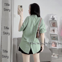 Áo Sơ Mi Nữ Tay Lỡ Form Rộng, Áo Xẻ Tà Cúc Sau Lưng Cá Tính