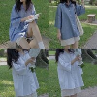 Áo sơ mi nữ tay lỡ form rộng kẻ khuy Kiểu Màu Trắng đen xanh đẹp ngắn tay ulzzang vintage hàn quốc cao cấp kozoda SM48