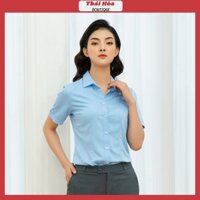 Áo sơ mi nữ tay ngắn bigsize công sở đẹp kiểu xanh cotton Thái Hoà N047-06-01