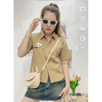 Áo Sơ Mi Nữ Tay Ngắn Đính Gấu CuTe Chất Kaki Nhung Mềm Mịn