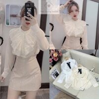 Áo sơ mi nữ tay phồng kiểu tiểu thư bánh bèo tay dài from rộng cổ trụ phối ren màu trắng kem áo sơ mi nữ công sở đi học