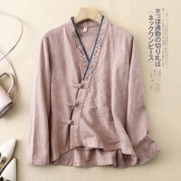 Áo sơ mi nữ thêu áo cổ chữ V dáng rộng phong cách dân tộc ếch Trung Quốc