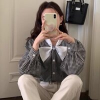 Áo sơ mi nữ thiết kể cổ nơ ,áo sơ mi kẻ caro kiểu hàn quốc vintage (A138) xoaistore