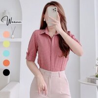 Áo sơ mi nữ thiết kế kẻ caro cổ đức tay lỡ phối nơ màu sắc trẻ trung WEXUU - BS07.01