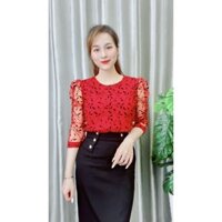 Áo Sơ Mi Nữ Thiết Kế VNXK Cao Cấp - Áo Công Sở Nữ Ren 2 Lớp Hoạ Tiết Lá B328 Dáng Suông Tay Bồng - TINI Shop