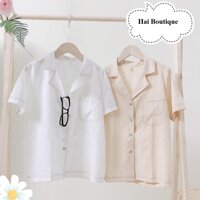 Áo sơ mi nữ thô đũi viền cổ, áo kiểu nữ cộc tay cổ vest viền chỉ freesize s21 - Be