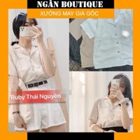 Áo Sơ Mi Nữ Thô Đũi Viền Cổ,Áo Kiểu Cộc Tay Cổ Vest Viền Chỉ Nổi Freesize( ảnh thật) - Ngân Boutiques