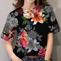 Áo sơ mi nữ thời trang, áo thun nữ cổ tròn hoa đẹp, áo ngắn tay cỡ lớn, mặc dạo phố