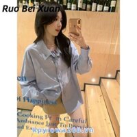 Áo Sơ Mi Nữ Thời Trang Cổ Chữ V Dài Tay Áo Polo Cổ Xanh Ruy Băng Áo Sơ Mi Tay Dài Top