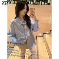 Áo Sơ Mi Nữ Thời Trang Cổ Chữ V Dài Tay Áo Polo Cổ Xanh Ruy Băng Áo Sơ Mi Tay Dài Top