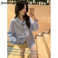 Áo Sơ Mi Nữ Thời Trang Cổ Chữ V Dài Tay Áo Polo Cổ Xanh Ruy Băng Áo Sơ Mi Tay Dài Top