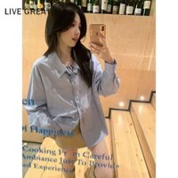 Áo Sơ Mi Nữ Thời Trang Cổ Chữ V Dài Tay Áo Polo Cổ Xanh Ruy Băng Áo Sơ Mi Tay Dài Top