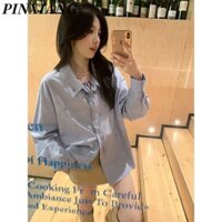 Áo Sơ Mi Nữ Thời Trang Cổ Chữ V Dài Tay Áo Polo Cổ Xanh Ruy Băng Áo Sơ Mi Tay Dài Top