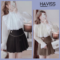 Áo sơ mi nữ tiểu thư Haviss kiểu cổ trụ đính ren phối yếm ren bèo chất voan mềm 2 lớp thời trang nữ thanh lịch nhẹ nhàng