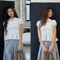 Áo sơ mi nữ tiểu thư tay ngắn nhún bèo Maian áo cổ sen màu pastel có chiết eo chất liệu mềm mát dễ mặc dễ phối đồ A5435