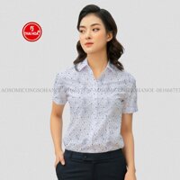 Áo sơ mi nữ trắng chấm bi xanh Sơ mi Thái Hòa N201-01-02 cotton tay ngắn ôm