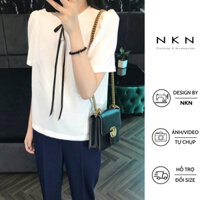 Áo sơ mi nữ trắng cộc tay NKN Lammy, thiết kế cổ khâu dây xích thủ công cao cấp