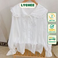 Áo sơ mi nữ trắng dài tay cổ bèo thắt nơ mảnh mặc đi học đi chơi đi làm có big size Lychee Lady Store #110