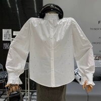Áo sơ mi nữ trắng dài tay đính đá cố trụ bèo, áo kiểu đi học, đi làm, đi chơi A098