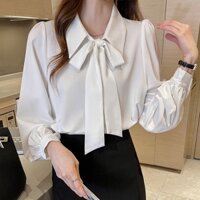 Áo Sơ Mi Nữ trung niên  HT store, Áo Cổ Sơ Mi  Thắt Nơ Chất Lụa Trẻ Trung Thanh Lịch