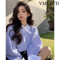 Áo Sơ Mi Nữ VMCRTD, Cổ Tròn Oversize Áo Sọc Xanh, Hình Thường Ngày Flattering Xuân Hè Dài Tay Blusas Áo