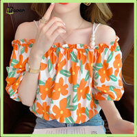 Áo Sơ Mi Nữ Voan Tắt Vai Tay Ngắn Áo Ngọt Ngào Mùa Hè In Hoa Áo Sơ Mi