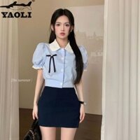 Áo Sơ Mi Nữ YAOLI Phong Cách Preppy Peter Pan Cổ Tay Ngắn Nơ Xanh Áo Ngắn