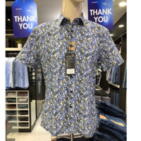 Áo sơ mi owen ngắn tay màu nền trắng họa tiết navy body fit vạt ngang vải sợi tre AB230034N
