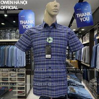 Áo sơ mi owen ngắn tay màu caro lớn navy body fit vạt ngang vải bạc hà AB230113NT